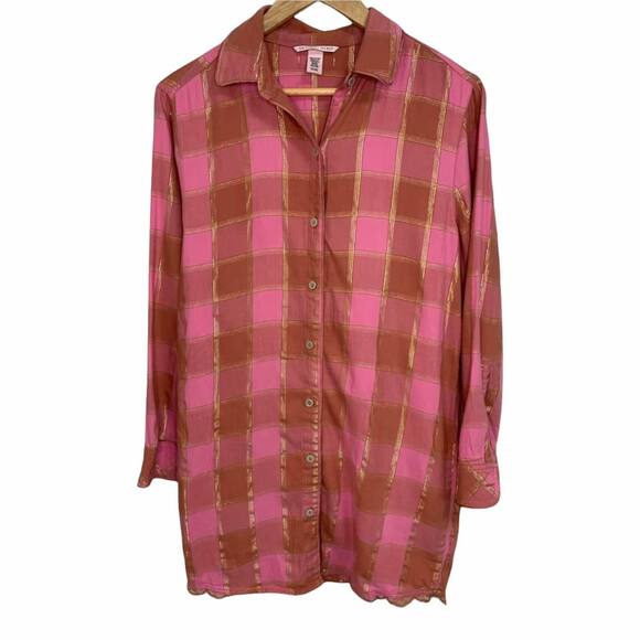 Victoria's Secret Pink Gold Plaid Button Down Shirt Sleep Dress Size Small - Picture 1 of 5
